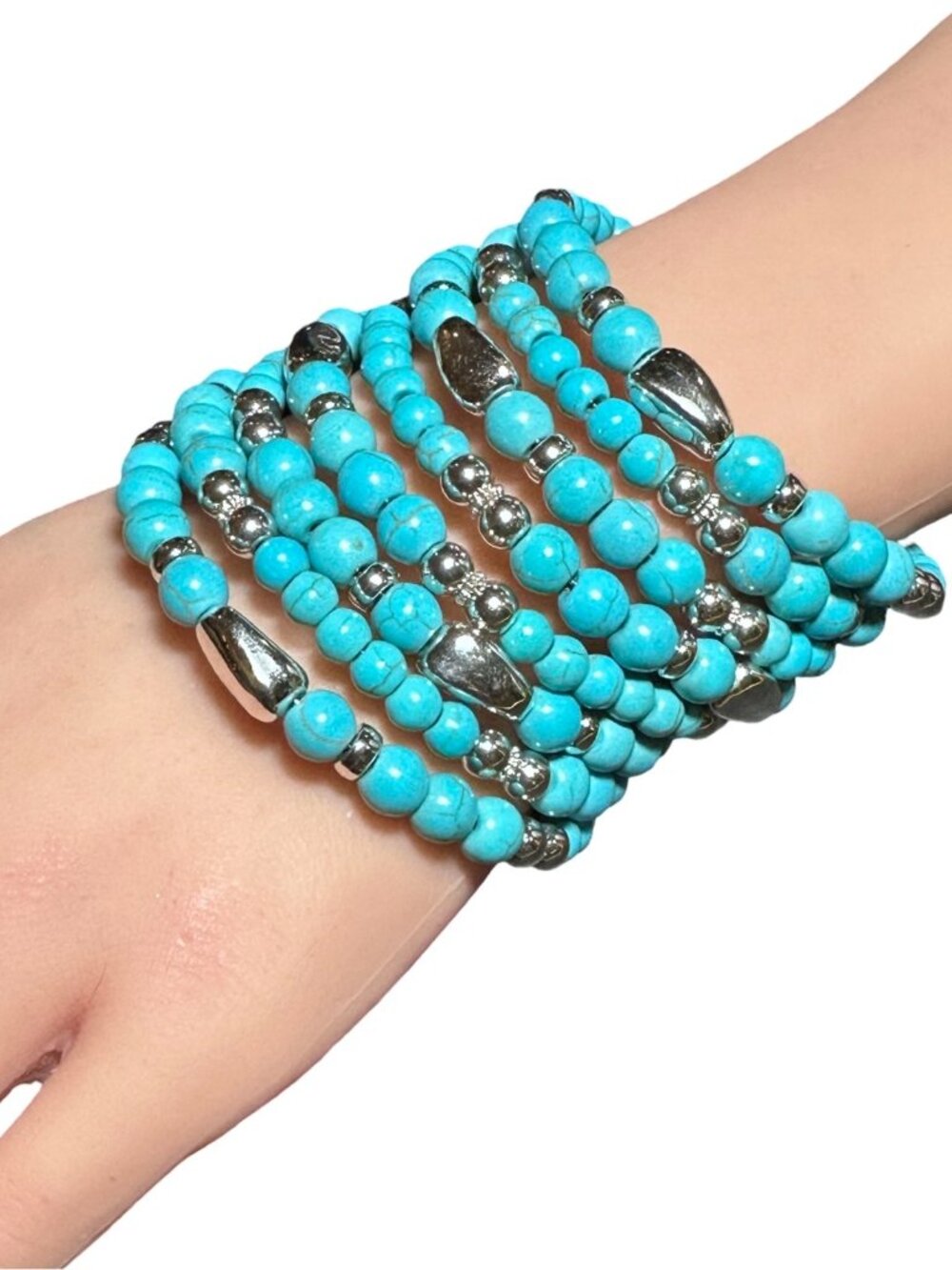 Wrap Bracelet Blue Silver Tone Beaded Chunky Womens Costume Jewelry NWOT